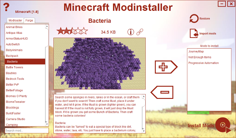 Minecraft Modinstaller main menu